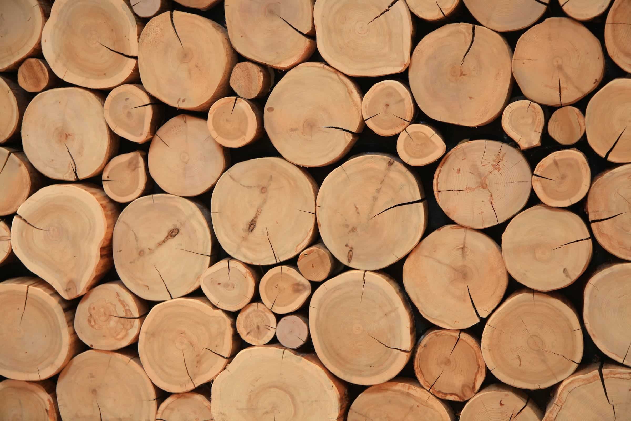 Close-up view of stacked wooden logs with visible growth rings and natural cracks, showcasing raw timber texture.
