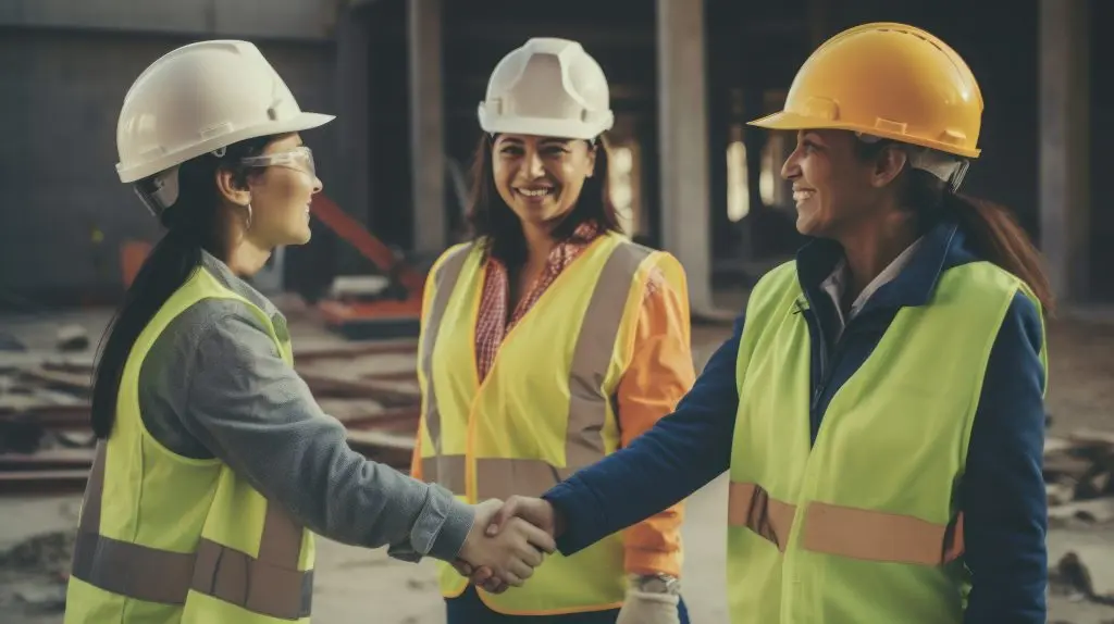 Three women wearing safety vests and hard hats at a construction site, symbolizing collaboration and innovation in the wood industry.